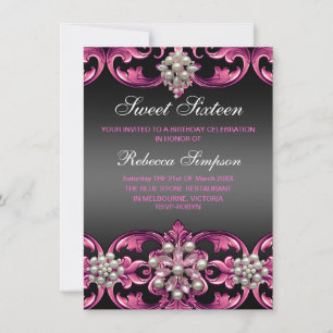 Pink/Black Damask & Pearl Sweet 16 Birthday Invite