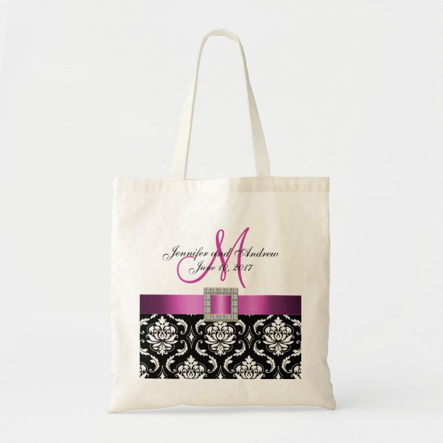 Pink, Black Damask Personalised Wedding Tote Bag (Front)