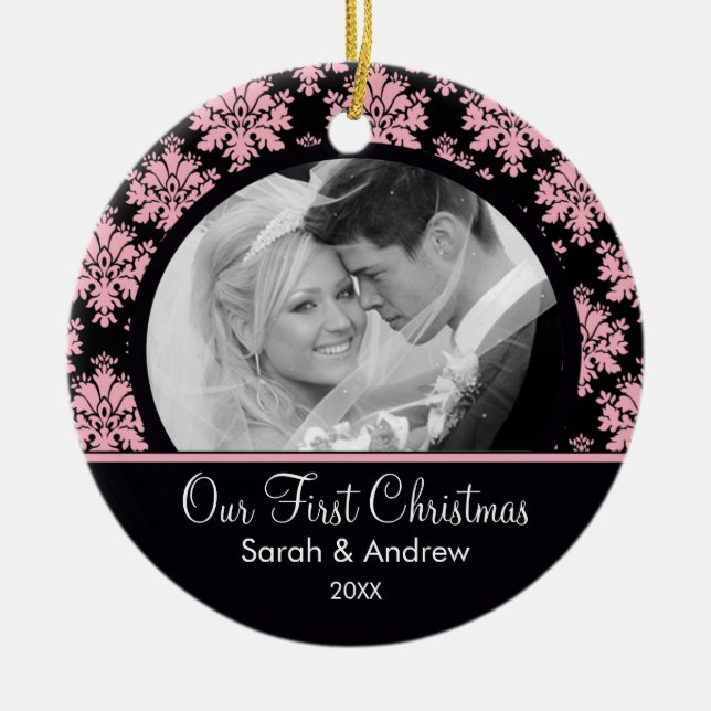 Pink & Black Damask Photo First Christmas Ornament (Front)