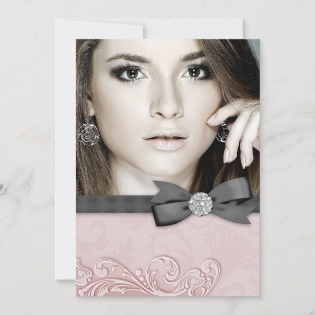 Pink Black Damask Photo Graduation Announcements (Front)