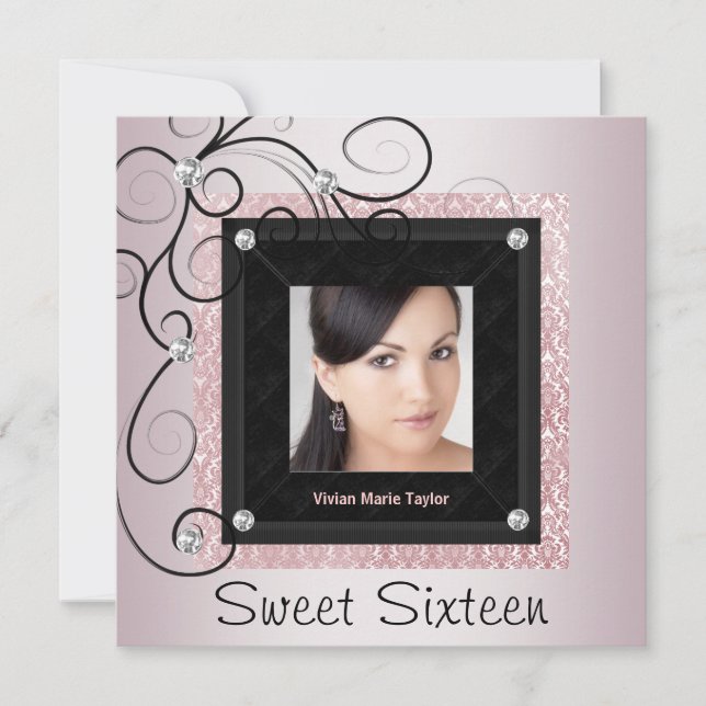 Pink Black Damask Photo Sweet 16 Party Invitation (Front)