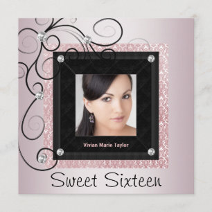 Pink Black Damask Photo Sweet 16 Party Invitation