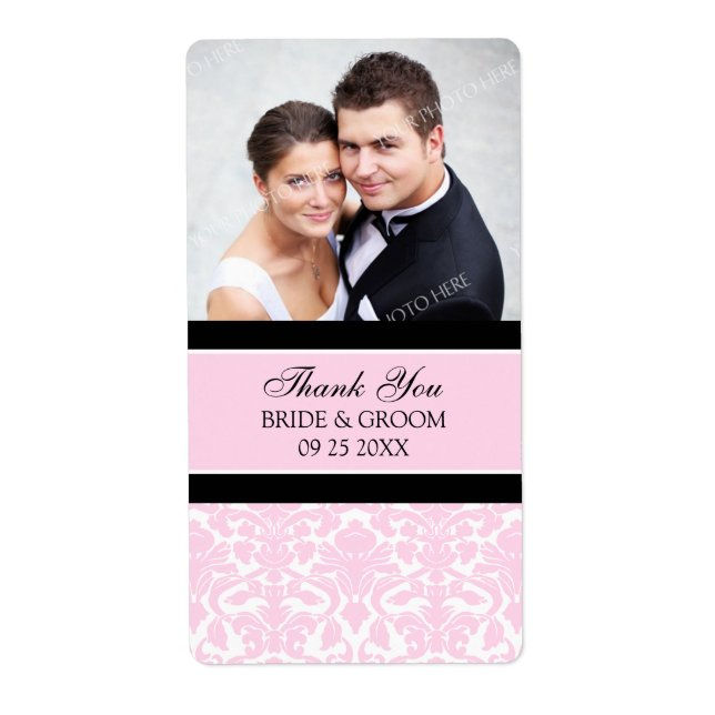 Pink Black Damask Photo Wedding Labels (Front)