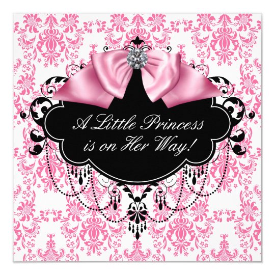Pink Black Damask Princess Baby Shower Card