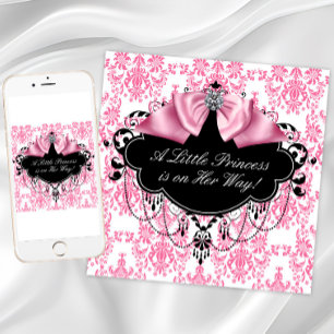 Pink Black Damask Princess Baby Shower Invitation