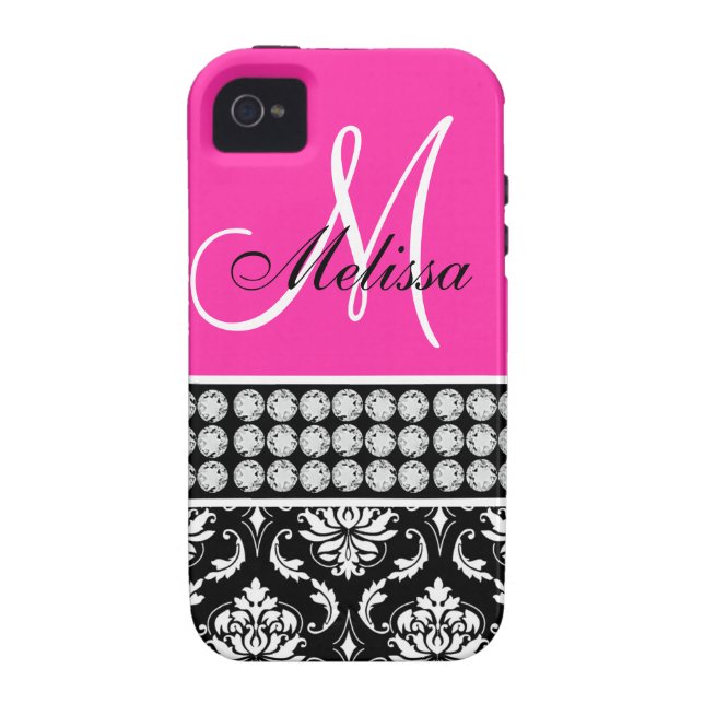 Pink, Black Damask Printed Diamonds iPhone 4 Case (Back)