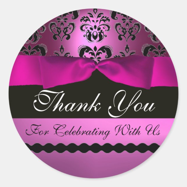 PINK BLACK DAMASK RIBBON MONOGRAM Purple Violet Classic Round Sticker (Front)