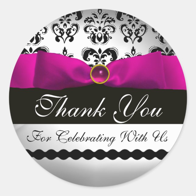 PINK BLACK DAMASK RIBBON MONOGRAM Purple Violet Classic Round Sticker (Front)
