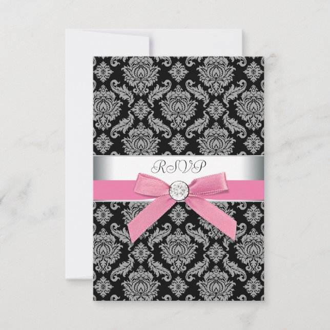 Pink Black Damask RSVP Card (Front)