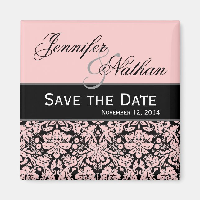 Pink & Black Damask Save the Date Wedding Magnet (Front)