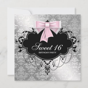 Pink Black Damask Sweet 16 Birthday Party Invitation