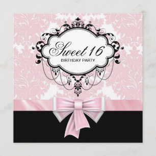 Pink Black Damask Sweet 16 Birthday Party Invitation
