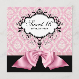 Pink Black Damask Sweet 16 Birthday Party Invitation