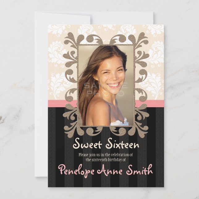 Pink Black Damask Sweet Sixteen Photo Invitations (Front)