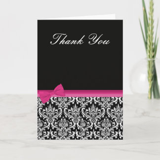 Pink & Black Damask Thank You Card