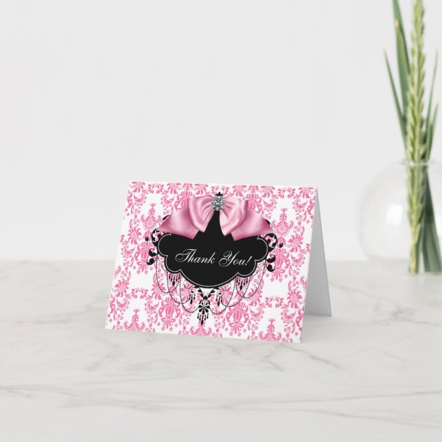 Pink Black Damask Thank You Cards (Front)