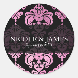 Pink Black Damask Vintage Wedding Event Favour Classic Round Sticker