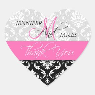 Pink, Black Damask Wedding Favour Heart Sticker