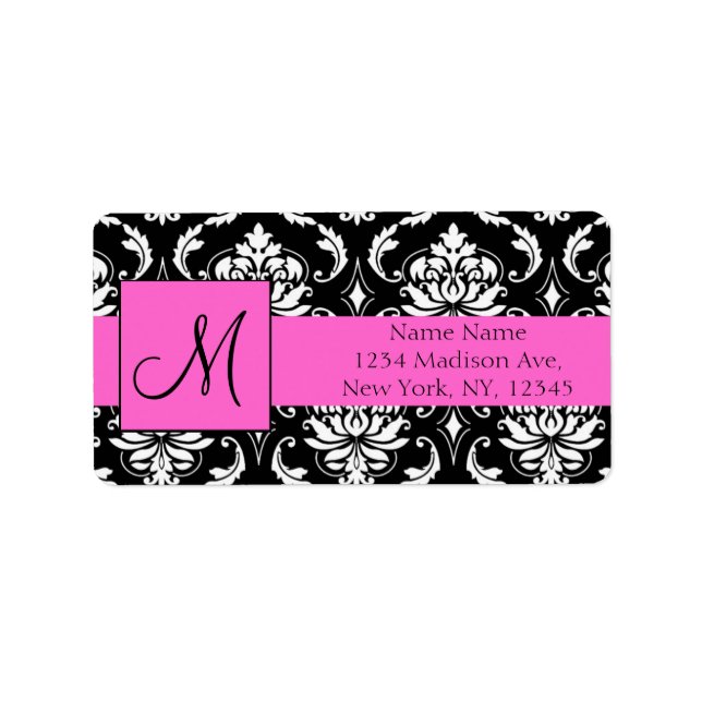Pink Black Damask Wedding RSVP Return Address Label (Front)