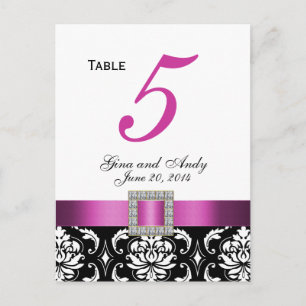 Pink, Black Damask Wedding Table Number Card