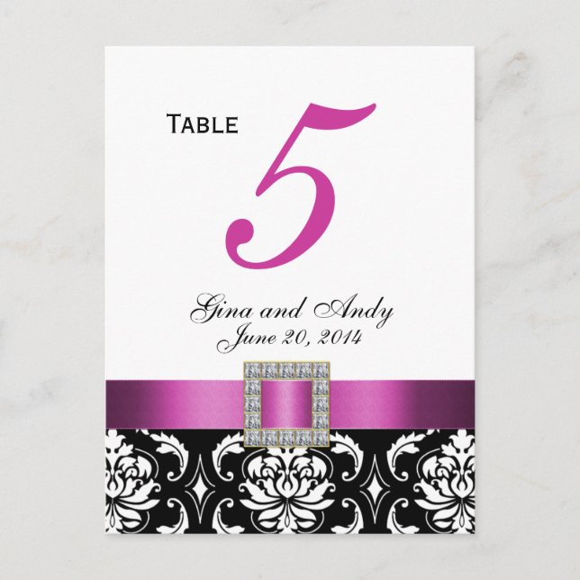 Pink, Black Damask Wedding Table Number Card (Front)