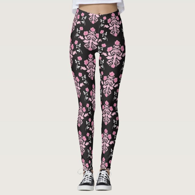 Pink/Black Damask Women's Leggings (Front)