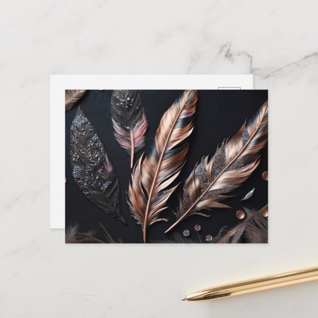 Pink & Black Decorative Feathers Postcard (Front/Back In Situ)