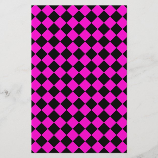 Pink Black Diamond Harlequin Checker Pattern Stationery (Front)