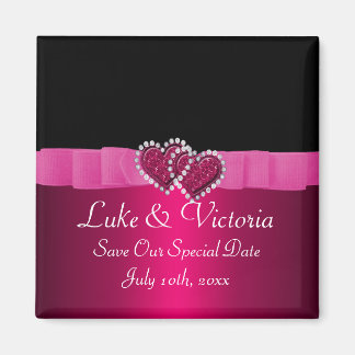 Pink & Black Diamond Locking Hearts Wedding Magnet