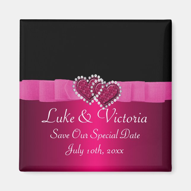 Pink & Black Diamond Locking Hearts Wedding Magnet (Front)