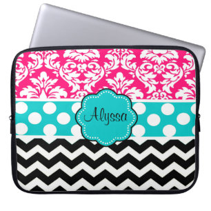 Pink Black Dot Damask Chevron Personalised Laptop Sleeve