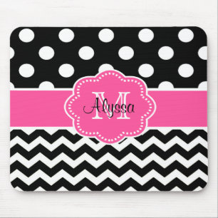 Pink Black Dots Chevron Personalised Mousepad