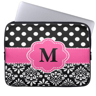 Pink Black Dots Damask Monogram Laptop Sleeve