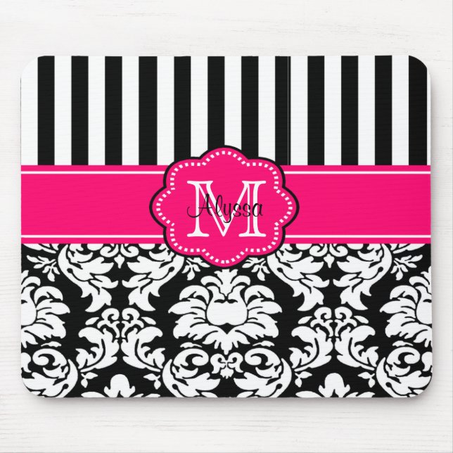 Pink Black Dots Damask Personalised Mousepad (Front)