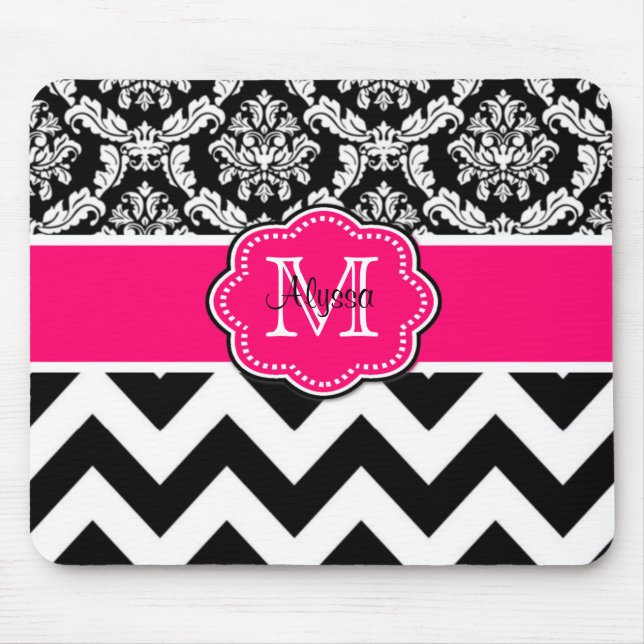Pink Black Dots Damask Personalised Mousepad (Front)