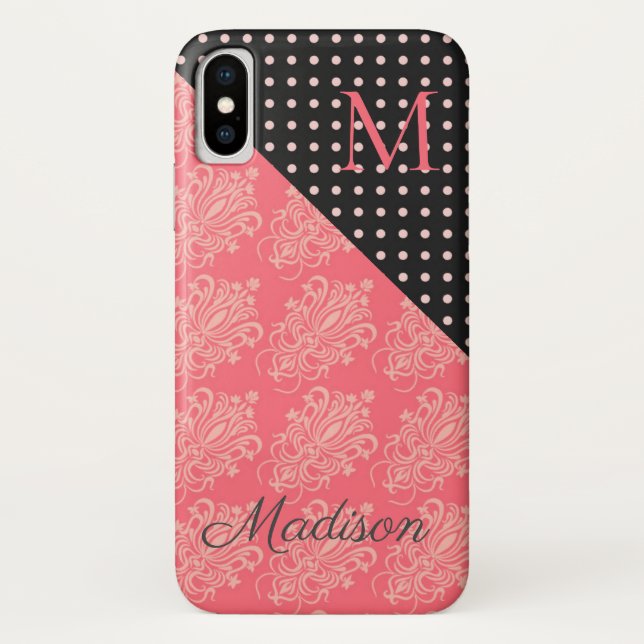 Pink Black Dots Damask Trendy Girly Monogram Case-Mate iPhone Case (Back)