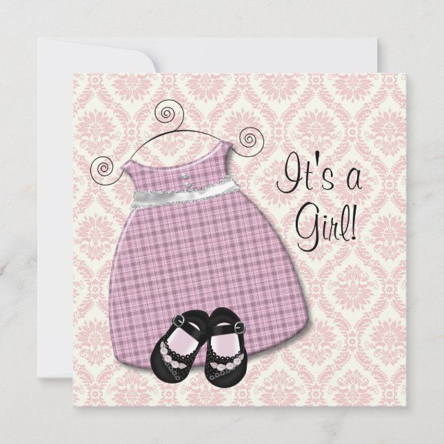 Pink Black Dress Shoes Pink Black Damask Baby Girl Invitation (Front)