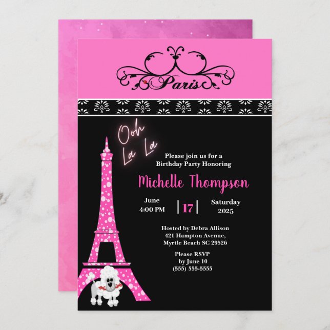 Pink Black Eiffel Tower Paris France  Birthday   Invitation (Front/Back)