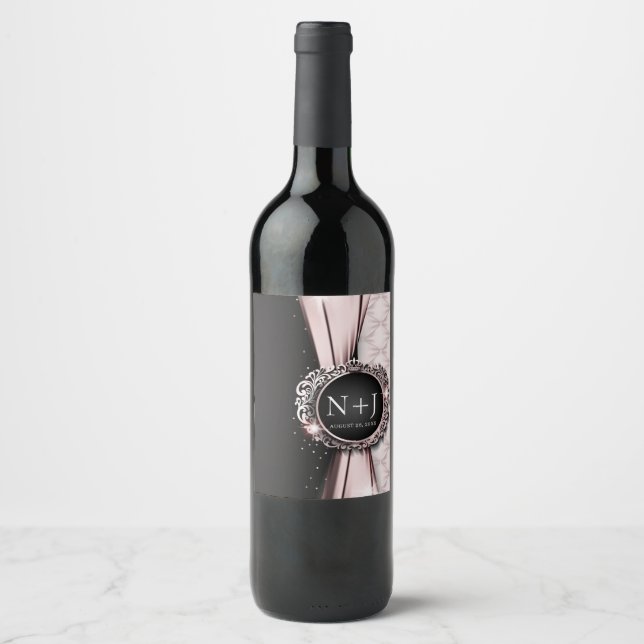 Pink & Black Elegant Luxury Wedding  Wine Label (Front)