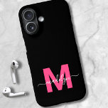 Pink Black Elegant Script Name Monogram iPhone 16 Case<br><div class="desc">Personalised Magenta Hot Pink Black Script Initial Monogram Phone Case. Add a bold, vibrant touch to your phone with this chic and personalised phone case. Featuring a sleek black background, a bold magenta hot pink initial, and a flowing white script name, this design offers a fun and feminine look with...</div>