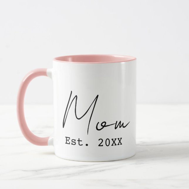 Pink Black Elegant Script New Mum Established Year Mug (Left)