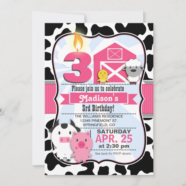 Pink & Black Farm Animal, Girl Birthday Party Invitation (Front)