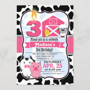 Pink & Black Farm Animal, Girl Birthday Party Invitation