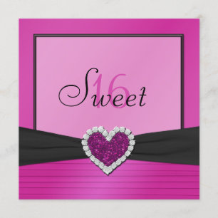 Pink, Black FAUX Glitter Heart Sweet 16 Invite