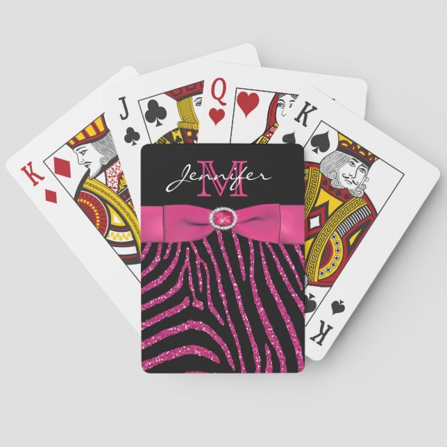 Pink Black FAUX Ribbon Glitter Zebra Playing Cards (Back)