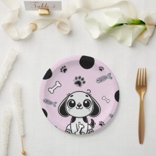 Pink & Black Fish Bones Puppy Dog Birthday Party  Paper Plate