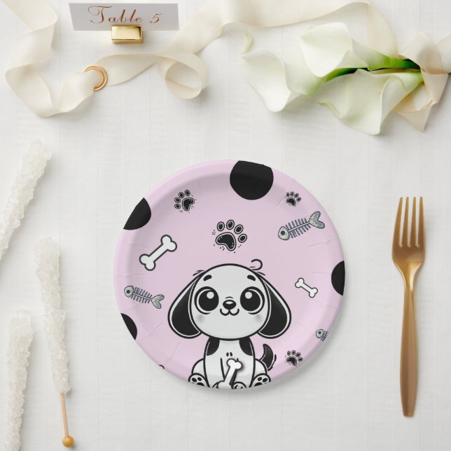 Pink & Black Fish Bones Puppy Dog Birthday Party  Paper Plate (Wedding)