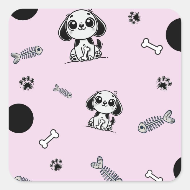 Pink & Black Fish Bones Puppy Dog Birthday Party  Square Sticker (Front)