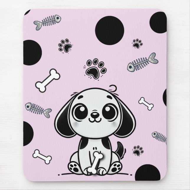 Pink & Black Fish Bones Puppy Dog Cute Office Mouse Pad (Front)