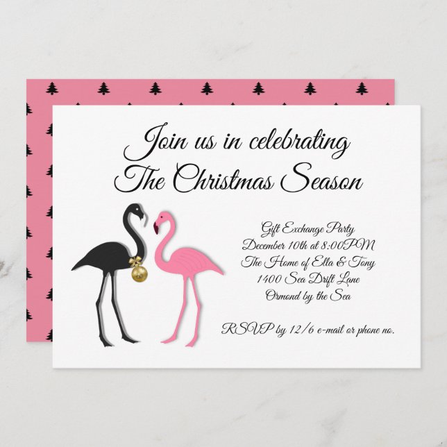 Pink Black Flamingos Christmas Party Invitation (Front/Back)